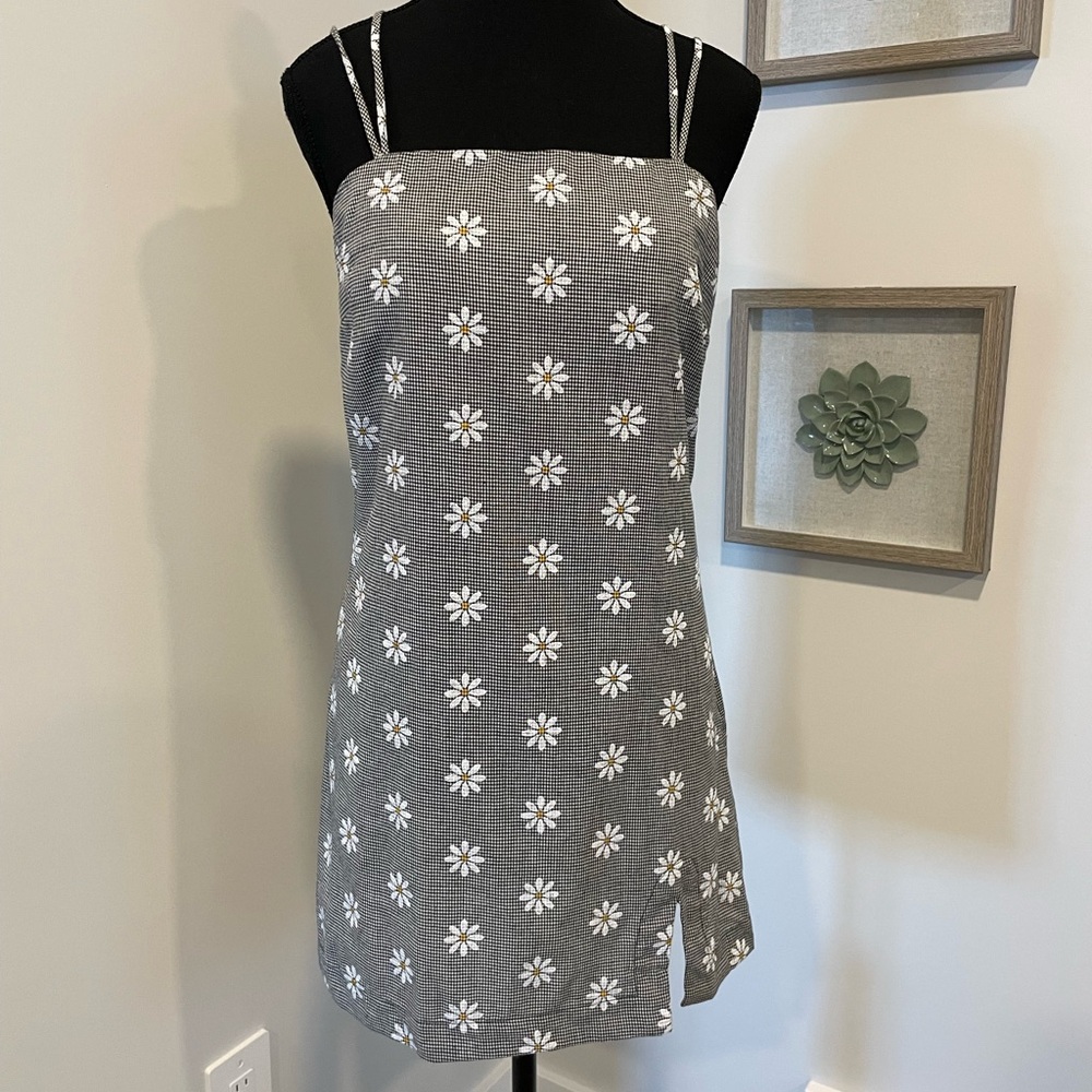 Elodie Black & White Gingham Daisy Cotton Summer Mini Dress With Thigh Slit NWT!